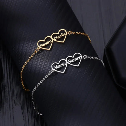 Custom Double Hearts Two Names Bracelets For Women Stainless Steel Customized Bracelet Personalized Wrist Chain Jewelry Gift