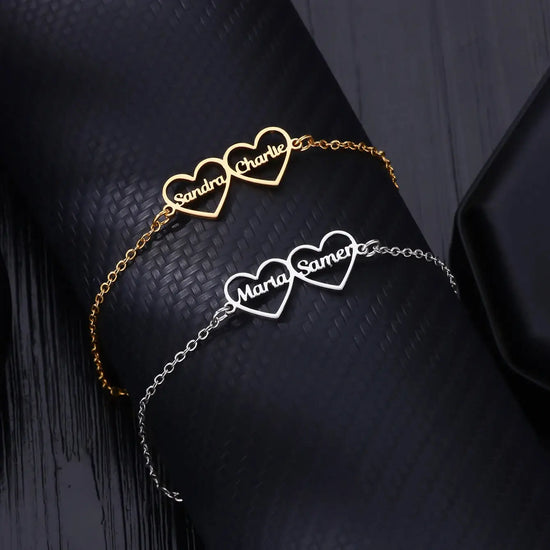 Custom Double Hearts Two Names Bracelets For Women Stainless Steel Customized Bracelet Personalized Wrist Chain Jewelry Gift