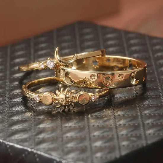 3pcs/set Retro Handmade Star and Moon Shaped Ring, Inlaid with Ring