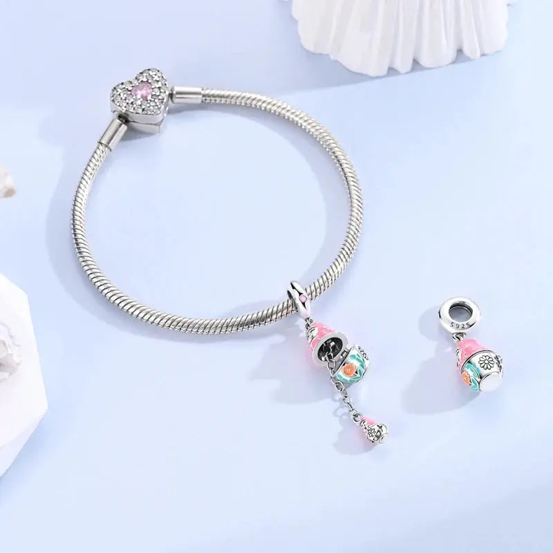 Charms Beads 925 Sterling Silver Pink Love Bow Rubik&
