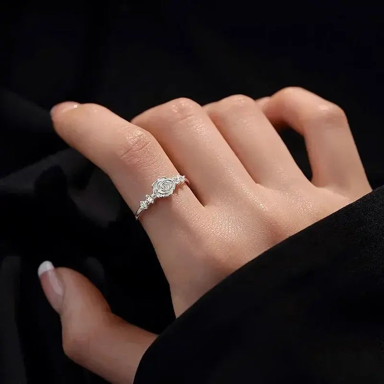 Real 925 Sterling Silver Zircon Camellia Rose Plant Adjustable Rings for Women Romantic Fine Jewelry Minimalist Accessories Jewelry and Clovers