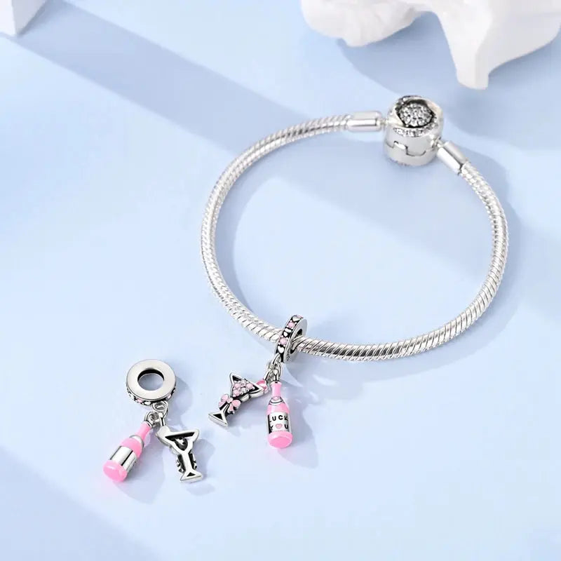 Charms Beads 925 Sterling Silver Pink Love Bow Rubik&