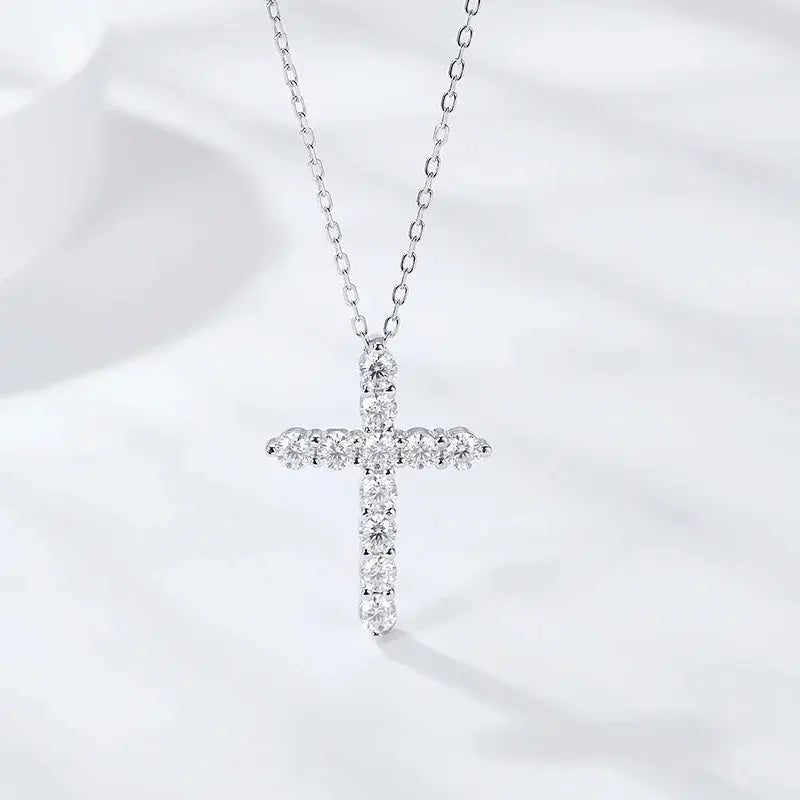 BIJOX STORY 3mm Moissanite Cross Pendant Necklace Original Sterling SILVER Chain Plated 18k White GOLD Rose GOLD Fine Necklace for Women Great For Gift via Family Jewelry and Clovers