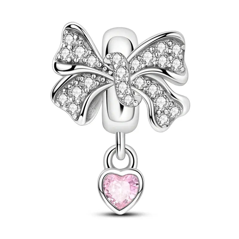 Charms Beads 925 Sterling Silver Pink Love Bow Rubik&