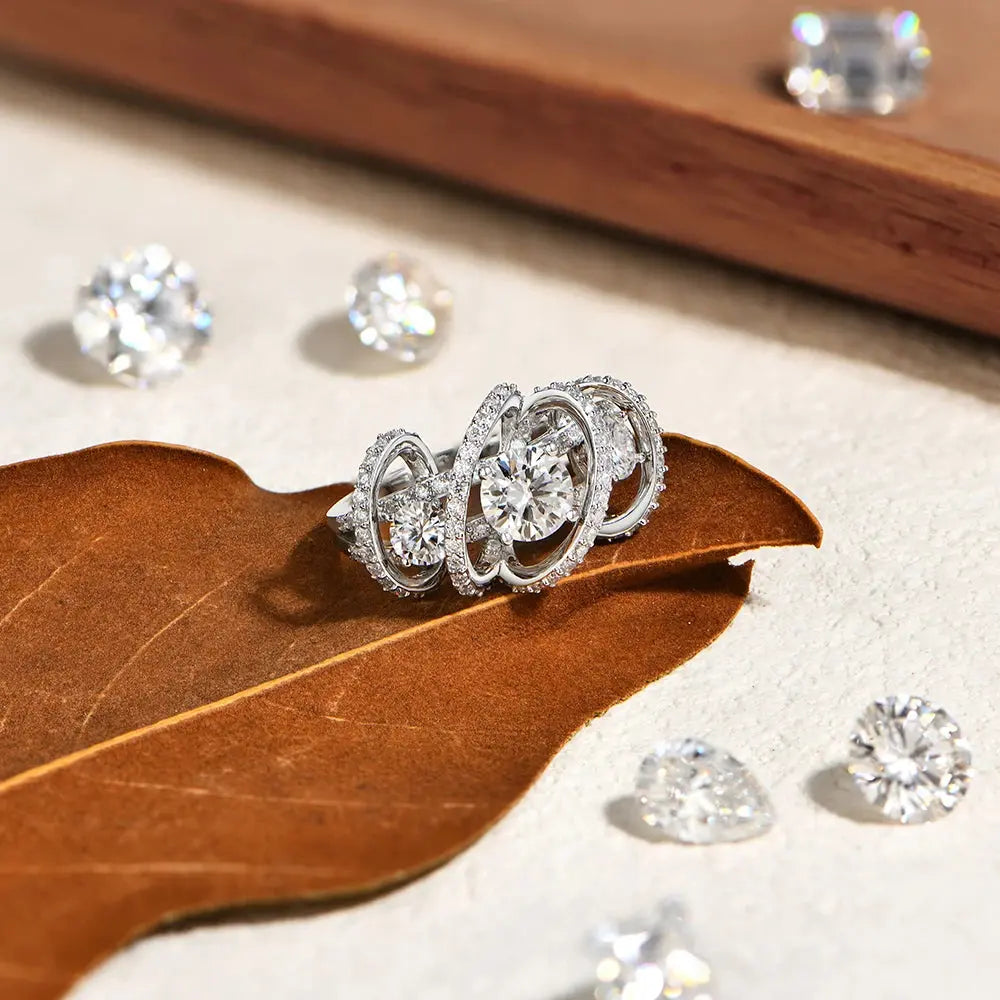 BRAND: ATTA GEMS Three-Stone Cluster Moissanite Ring for Women - 1CT Round Cut 100% 925 Sterling Silver Twist Engagement Fine Jewelry Jewelry and Clovers