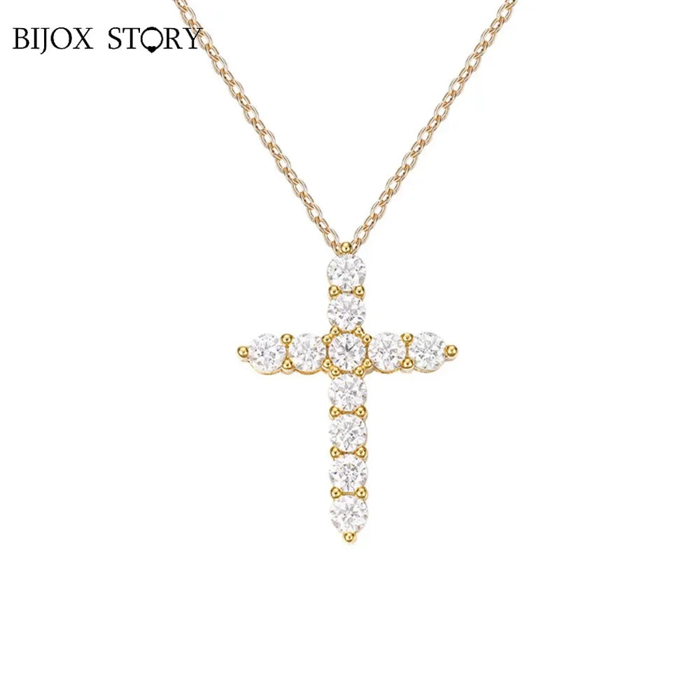 BIJOX STORY 3mm Moissanite Cross Pendant Necklace Original Sterling SILVER Chain Plated 18k White GOLD Rose GOLD Fine Necklace for Women Great For Gift via Family