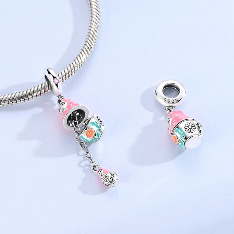 Charms Beads 925 Sterling Silver Pink Love Bow Rubik's Cube Charms Fit Pendants Bracelets Necklaces Women Jewelry Gift