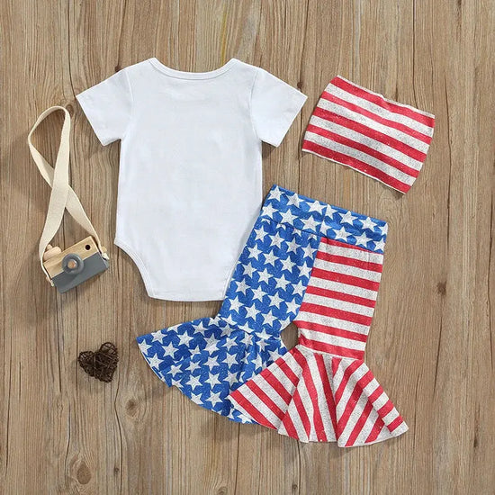 4th of July Baby Romper Set Girls Patriotic Short Sleeve Jumpsuit with Star Stripe Flared Pants and Headband for Independence Jewelry and Clovers
