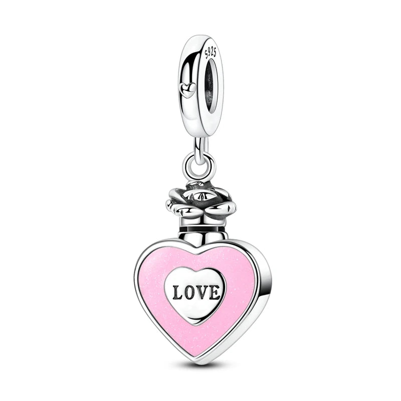 Charms Beads 925 Sterling Silver Pink Love Bow Rubik's Cube Charms Fit Pendants Bracelets Necklaces Women Jewelry Gift