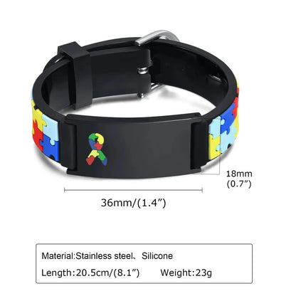 Custom Autism ID Bracelets Parents Gift To Son Boys, Colorful Puzzle Silicon Bracelet Free Engraving Jewelry and Clovers