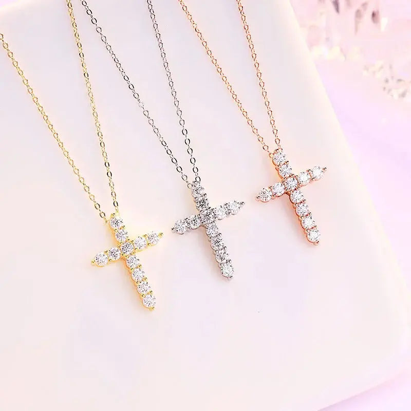 BIJOX STORY 3mm Moissanite Cross Pendant Necklace Original Sterling SILVER Chain Plated 18k White GOLD Rose GOLD Fine Necklace for Women Great For Gift via Family Jewelry and Clovers