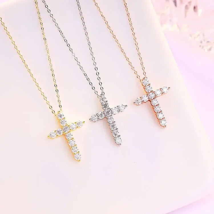 BIJOX STORY 3mm Moissanite Cross Pendant Necklace Original Sterling SILVER Chain Plated 18k White GOLD Rose GOLD Fine Necklace for Women Great For Gift via Family Jewelry and Clovers