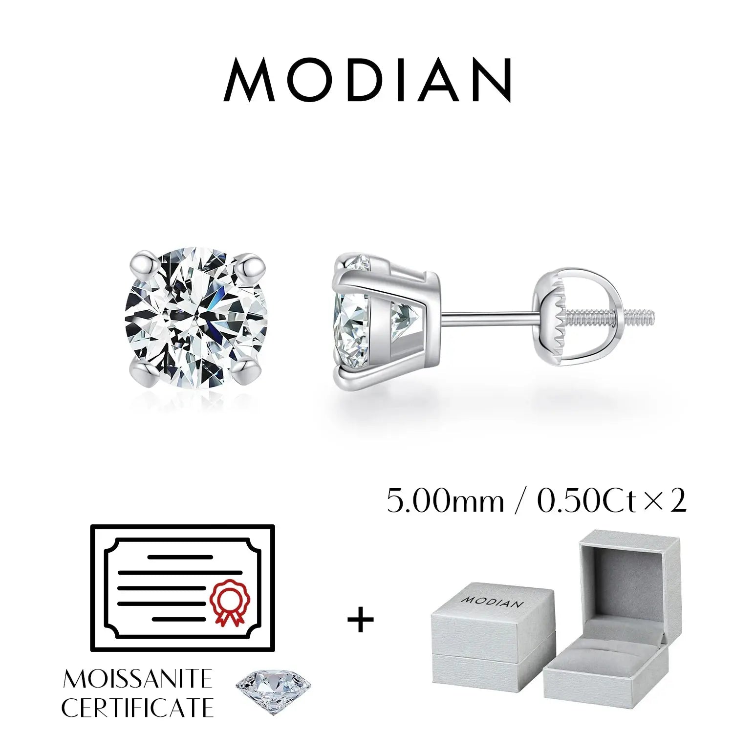 MODIAN D Color 1CT Moissanite Stud Earrings For Women 925 Sterling Silver 0.5CT Dazzling Lab Diamond Wedding Jewelry Gifts Jewelry and Clovers