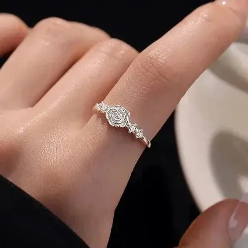 Real 925 Sterling Silver Zircon Camellia Rose Plant Adjustable Rings for Women Romantic Fine Jewelry Minimalist Accessories Jewelry and Clovers