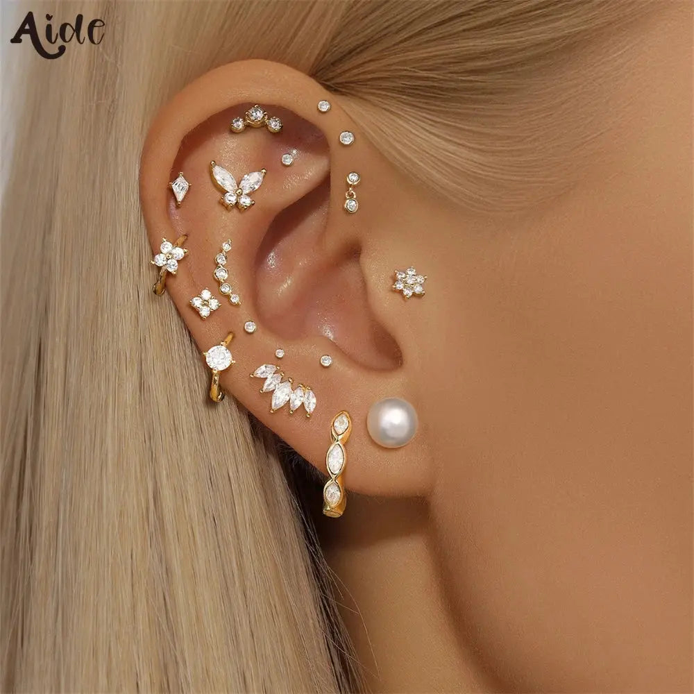 Aide Real 14K Solid Gold Unique Stud Dainty Mini Moon Crystal Earring Simple Minimal Piercing Ear Bone Studs Vintage Jewelry 1pc Jewelry and Clovers