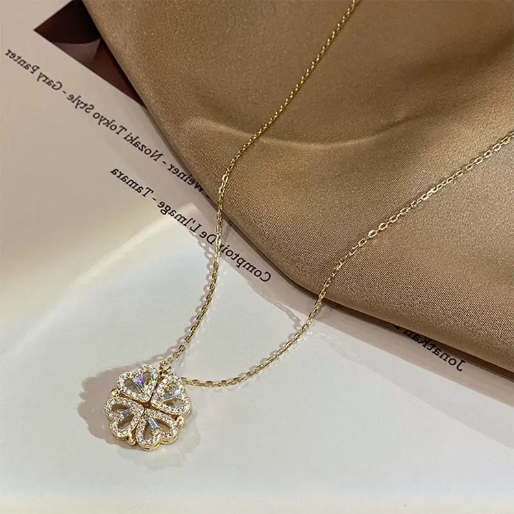 Retro Magnetic Folding Heart Shaped Four Leaf Clover Pendant Necklace Women Love Clavicle Chain Gifts Openable Choker Jewelry Jewelry and Clovers