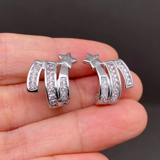 Zircon Inlaid Star 18K Gold Plated S.Steel Stud Earrings-FGS: Steel color