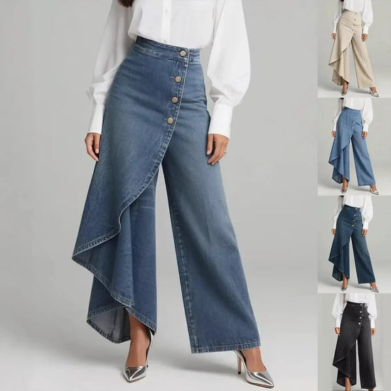 Unique Straight-leg Pants Fashion Large Ruffled Buttons Trousers Women&