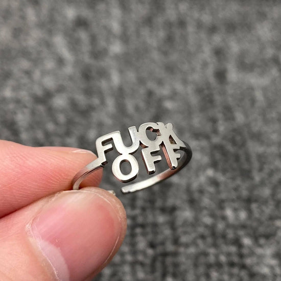 White Gold Plated Stainless Steel “F**K O**” Adjustable Ring