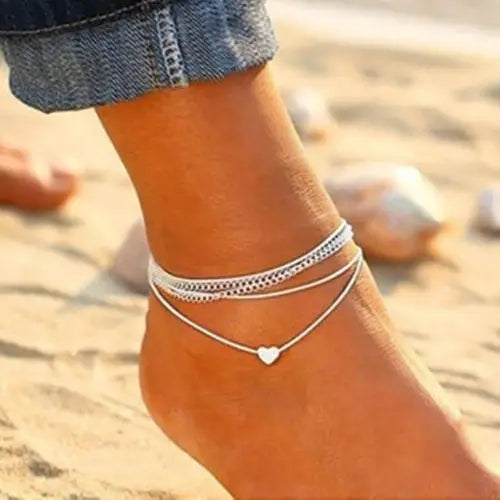 Bohemian Silver Heart Multi Chain Anklet Perfect For Summer Outfits and Shoes